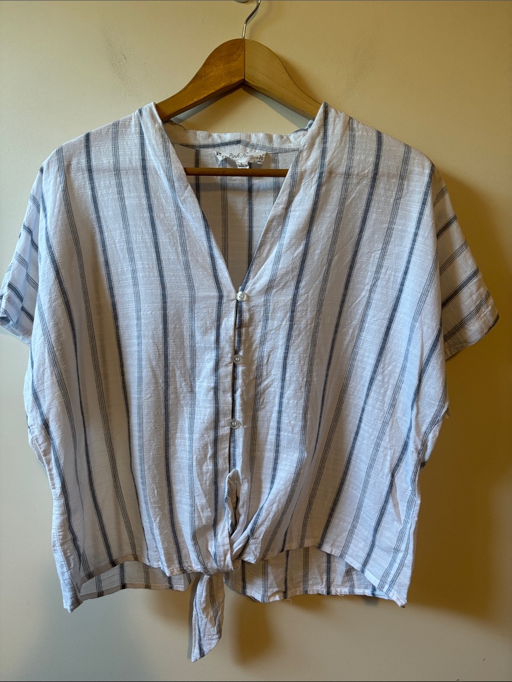 Pink Rose Blue & White Striped Tie-Hem Button Cotton Blouse